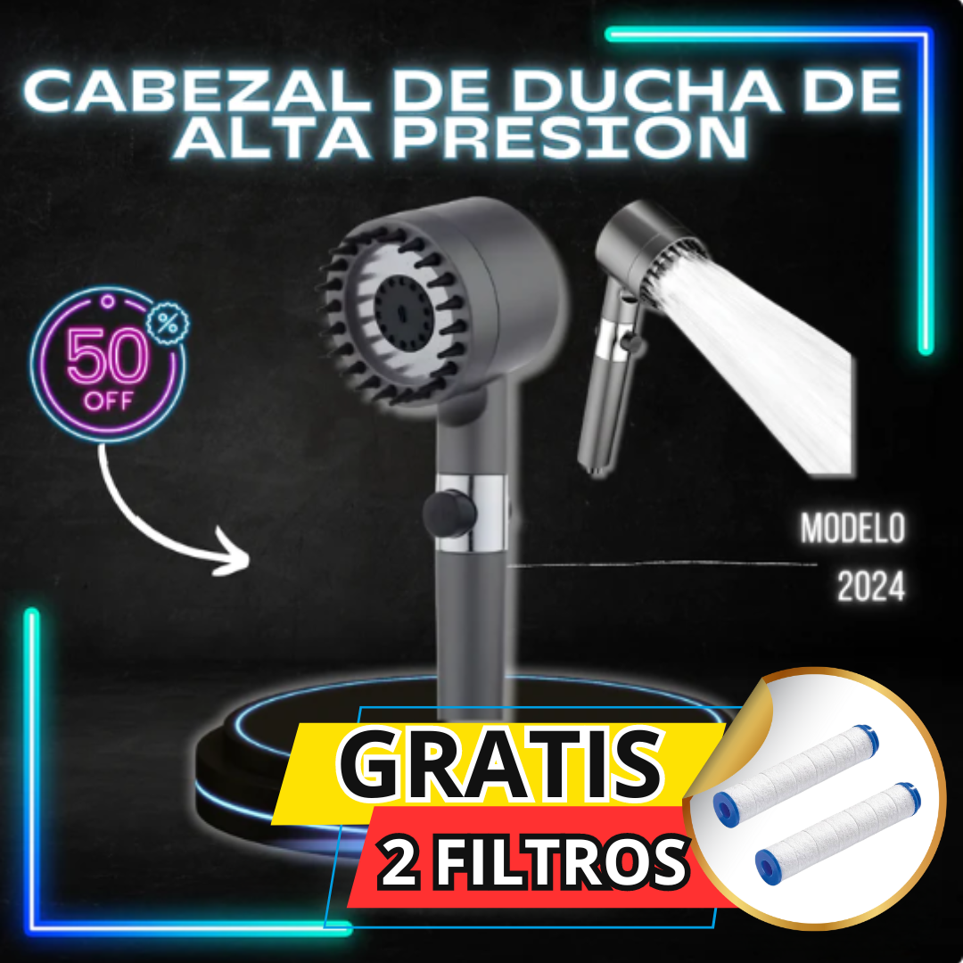 Cabezal de ducha 5 en 1 alta presión + (2 Filtros Gratis)