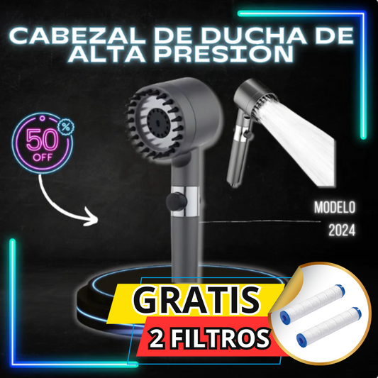 Cabezal de ducha 5 en 1 alta presión + (2 Filtros Gratis)